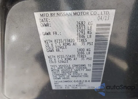 2013 Nissan Pathfinder Platinum из США, поврежденный, VIN 5N1AR2MM9DC668284